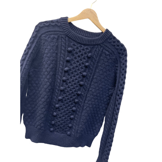 J. Crew Chunky Popcorn Cable Knit Navy Blue Wool Blend Crew Neck Sweater