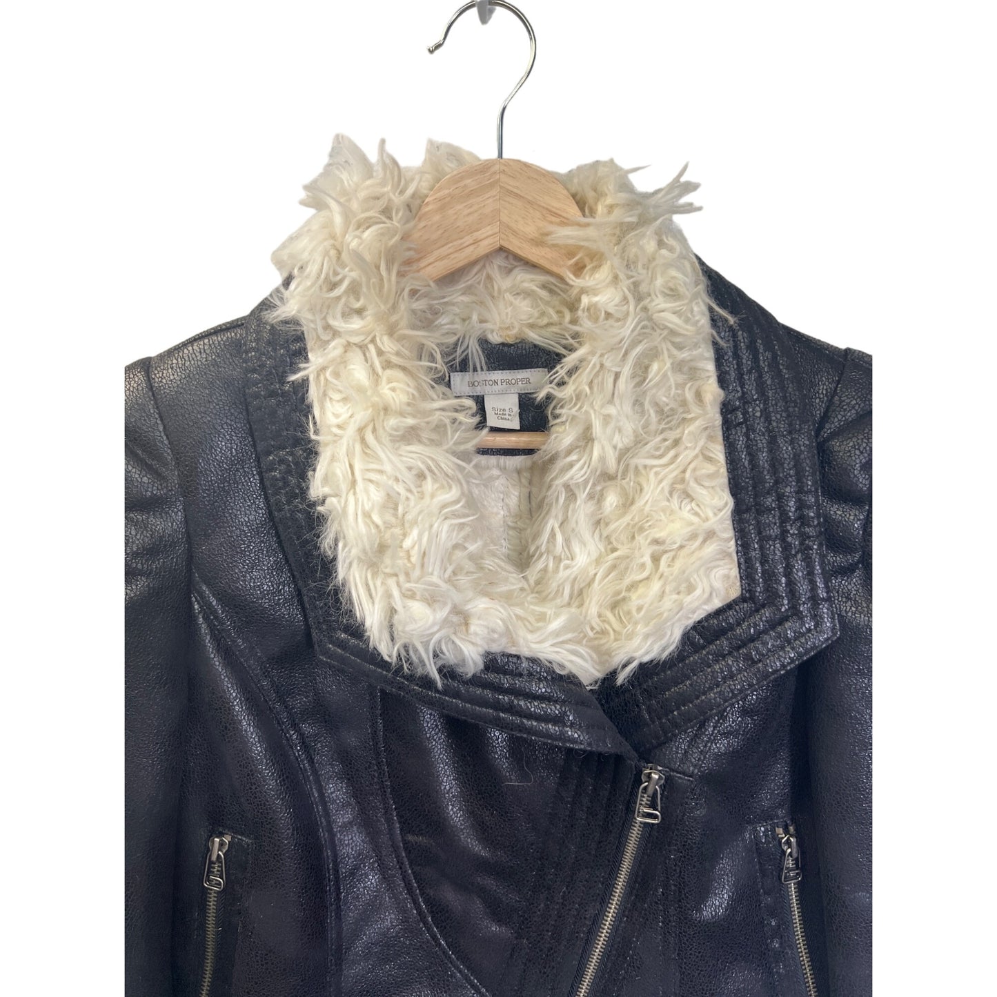 Boston Proper Black Faux Leather Off White Shearling Collar Moto Jacket