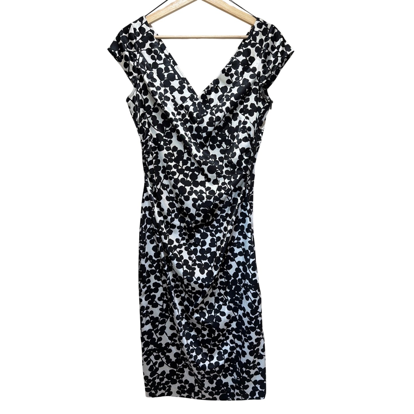 Maggy London Y2K Black & White Floral Satin Bodycon Cocktail Sheath Dress Size 6