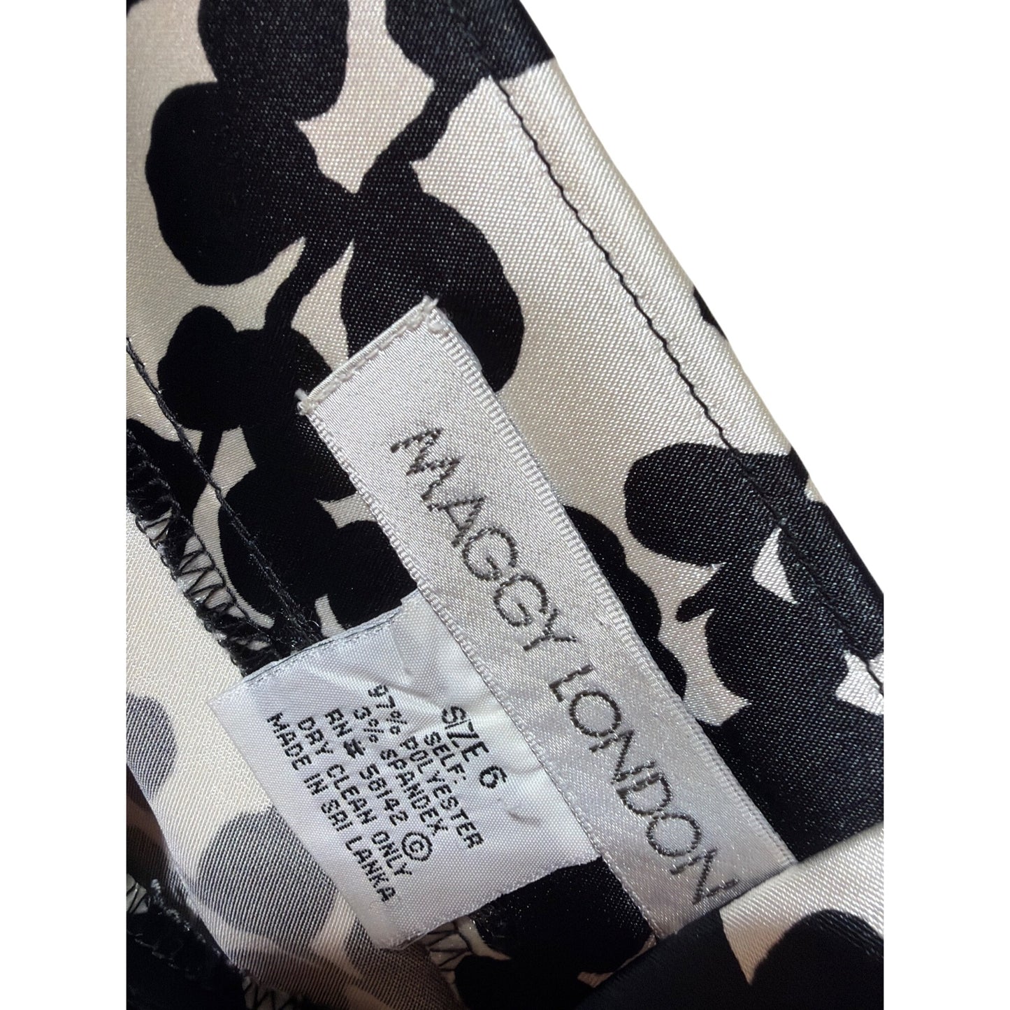 Maggy London Y2K Black & White Floral Satin Bodycon Cocktail Sheath Dress Size 6