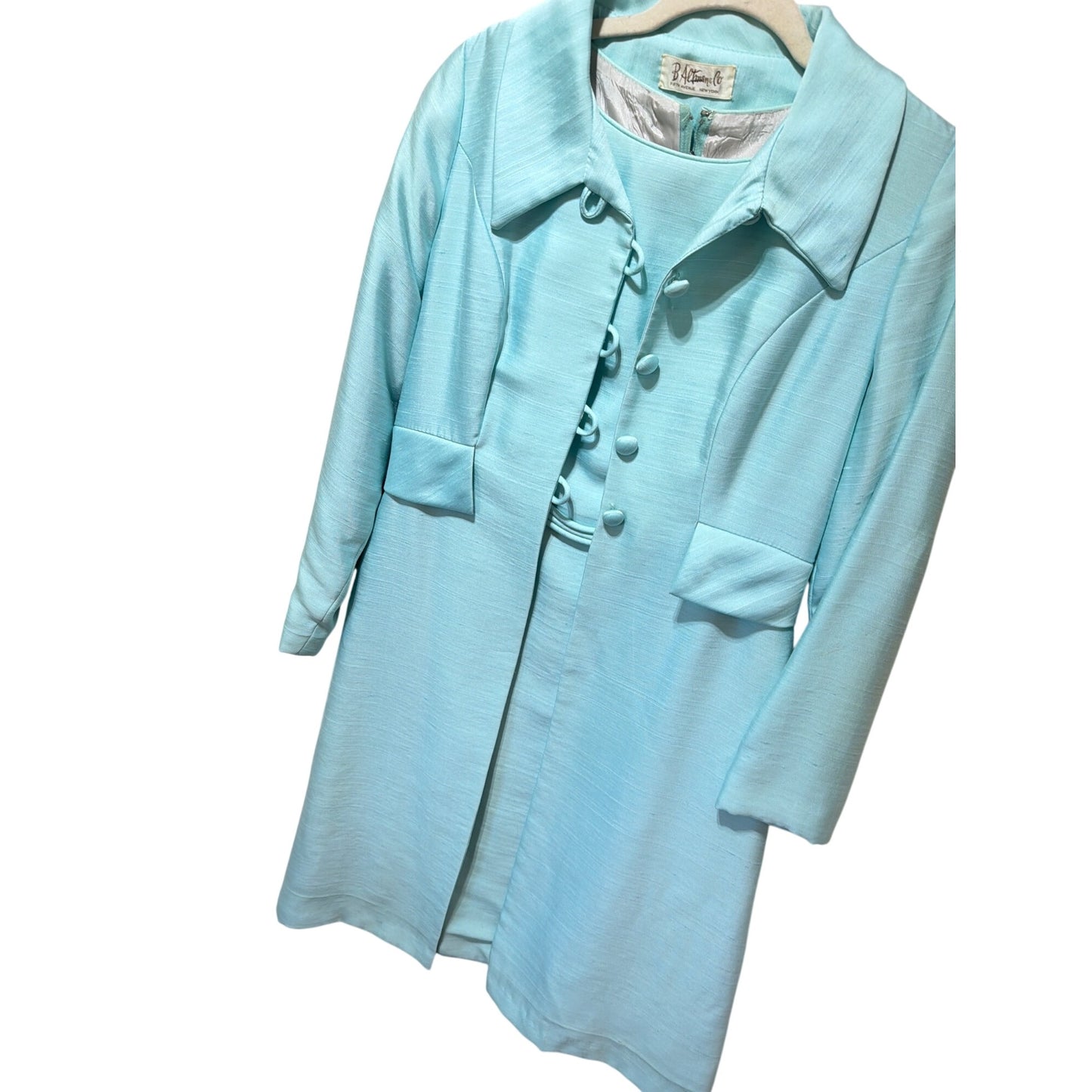 B. Altman & Co Vintage 1960s Robins Egg Blue Silk Dress & Coat Set With Button Details & Pockets – MCM Style