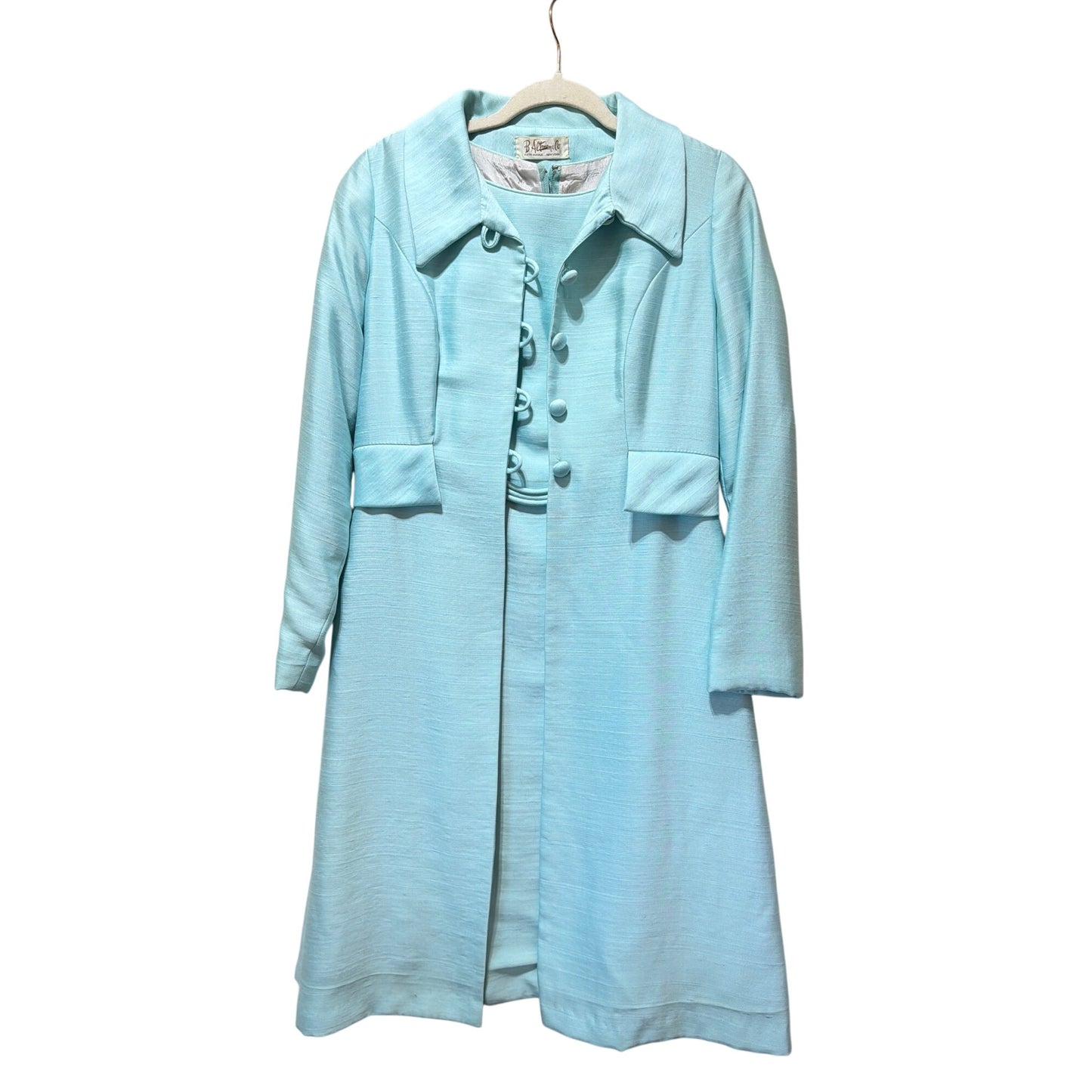 B. Altman & Co Vintage 1960s Robins Egg Blue Silk Dress & Coat Set With Button Details & Pockets – MCM Style