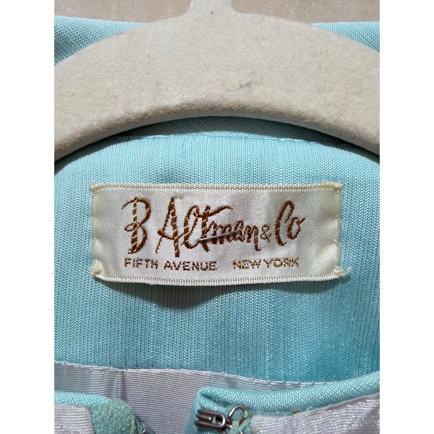 B. Altman & Co Vintage 1960s Robins Egg Blue Silk Dress & Coat Set With Button Details & Pockets – MCM Style