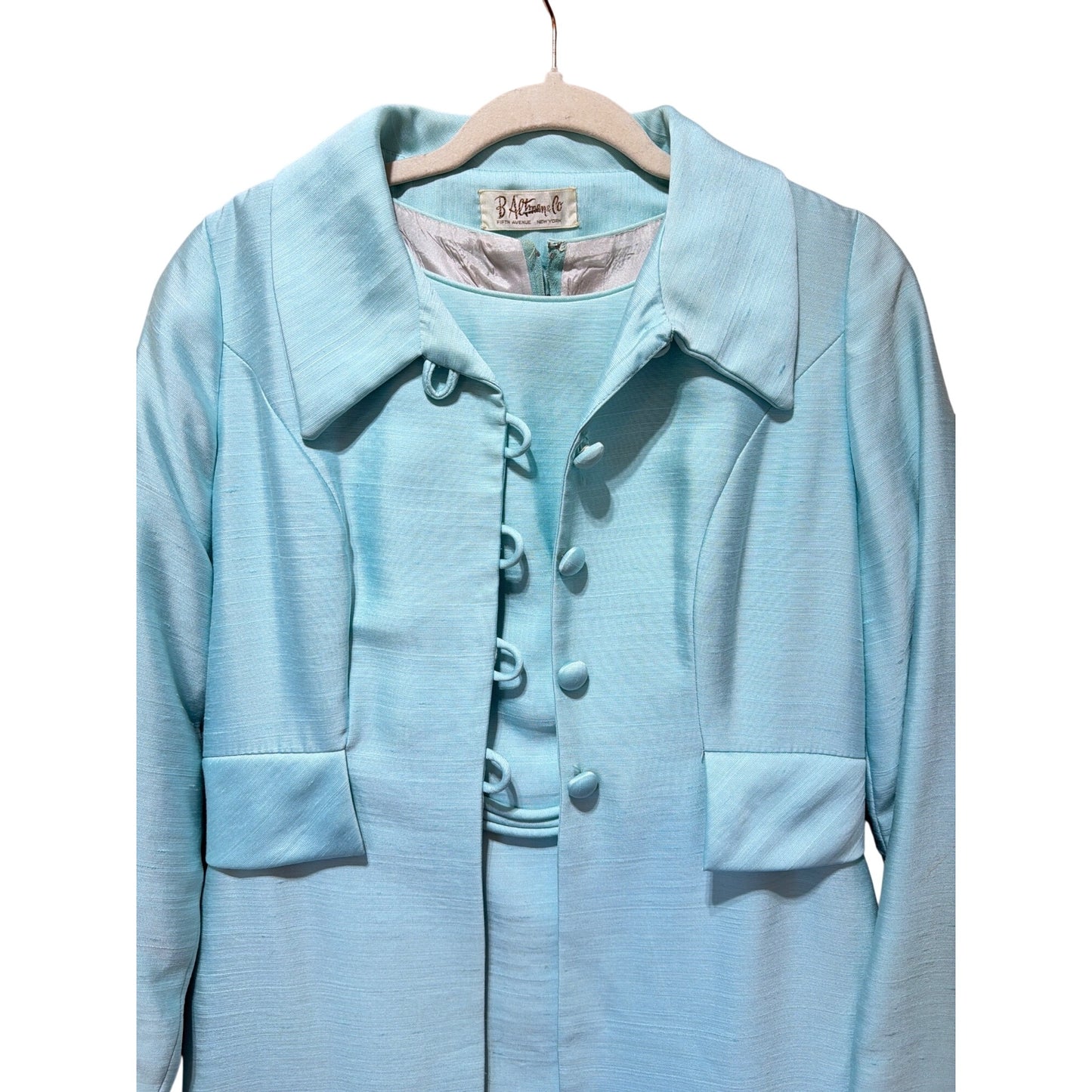 B. Altman & Co Vintage 1960s Robins Egg Blue Silk Dress & Coat Set With Button Details & Pockets – MCM Style
