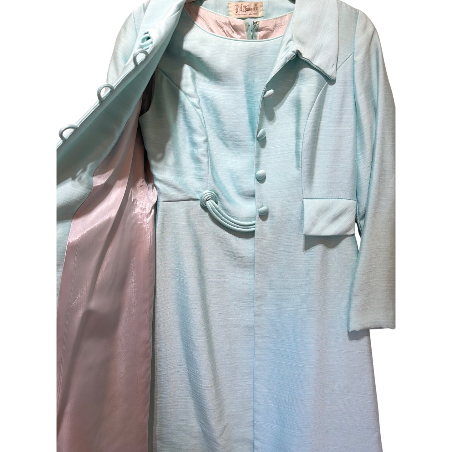 B. Altman & Co Vintage 1960s Robins Egg Blue Silk Dress & Coat Set With Button Details & Pockets – MCM Style