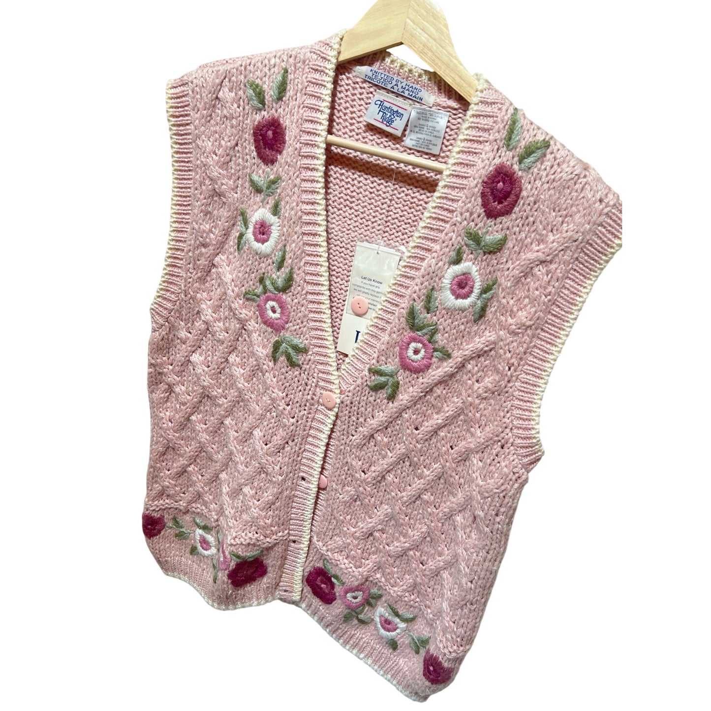 Huntington Ridge NWT Womens Pink Hand-Knitted Floral Embroidered Button-Up Sweater Vest Size L