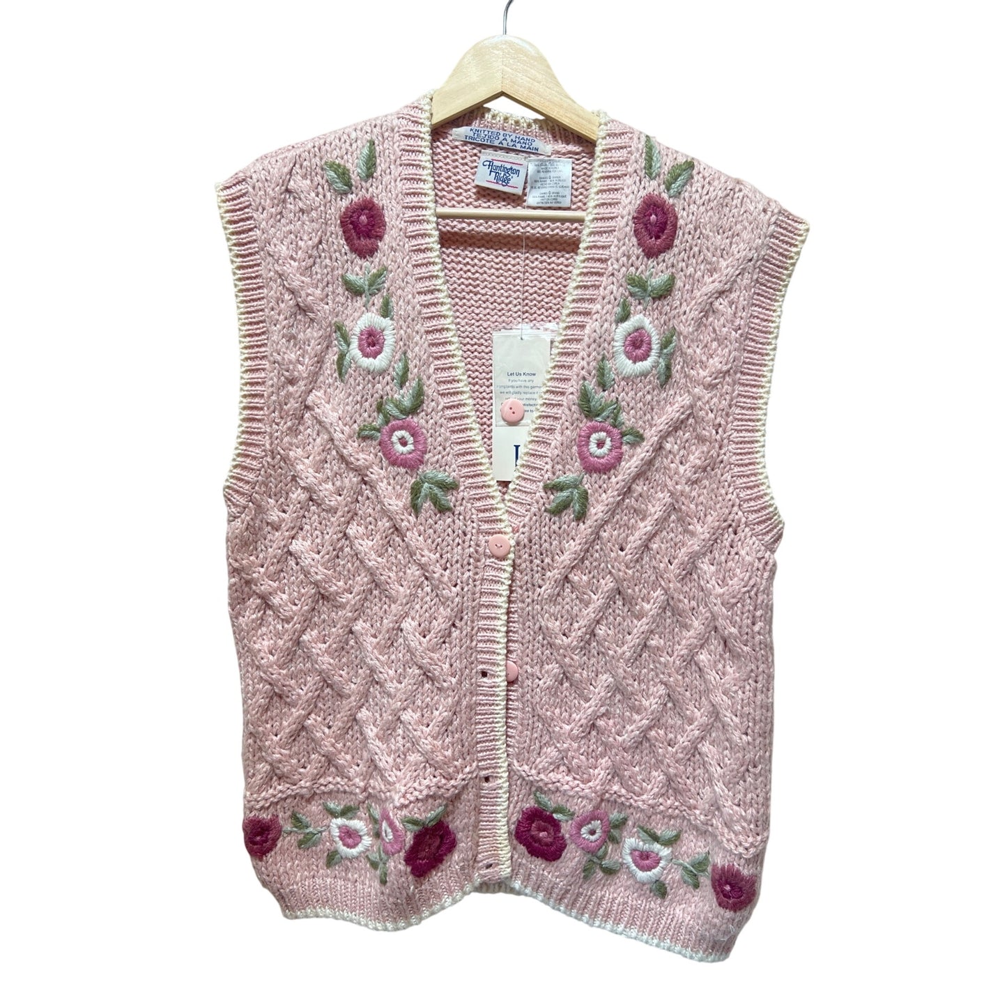 Huntington Ridge NWT Womens Pink Hand-Knitted Floral Embroidered Button-Up Sweater Vest Size L