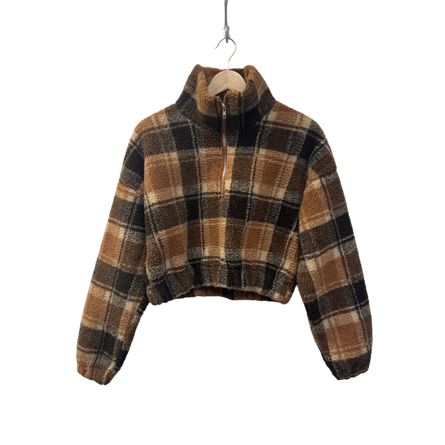 Zaful Cropped Brown Plaid Teddy Bear Quarter Zip Pullover Sweater