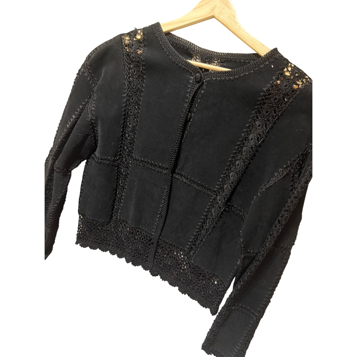 European Artisan Hand-Crocheted Black Vintage Jacket 80s Style Long-Sleeve Button Front Scalloped Hem Unique Retro Fashion