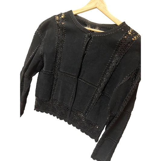 European Artisan Hand-Crocheted Black Vintage Jacket 80s Style Long-Sleeve Button Front Scalloped Hem Unique Retro Fashion
