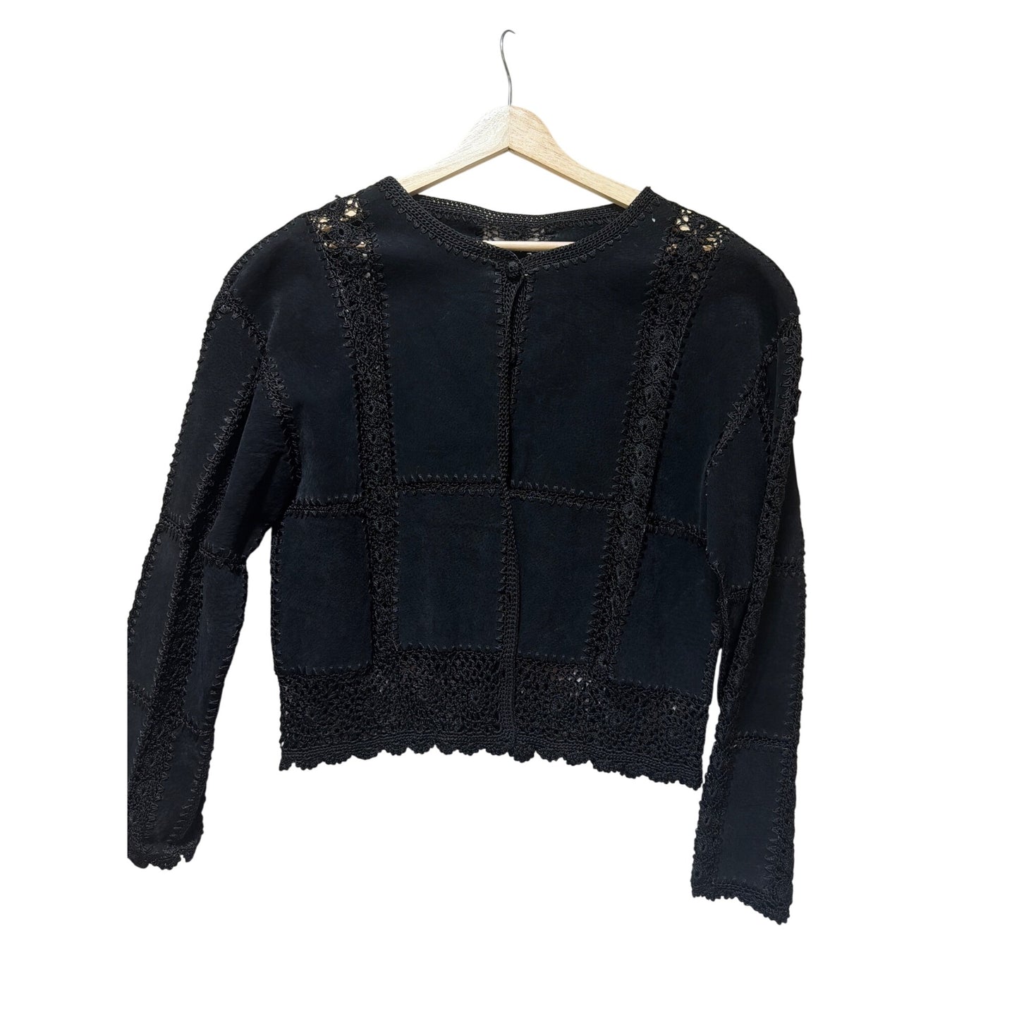 European Artisan Hand-Crocheted Black Vintage Jacket 80s Style Long-Sleeve Button Front Scalloped Hem Unique Retro Fashion