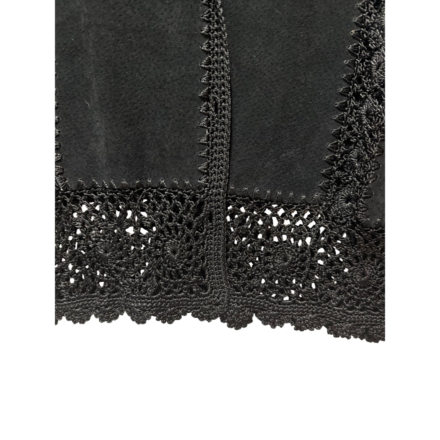 European Artisan Hand-Crocheted Black Vintage Jacket 80s Style Long-Sleeve Button Front Scalloped Hem Unique Retro Fashion