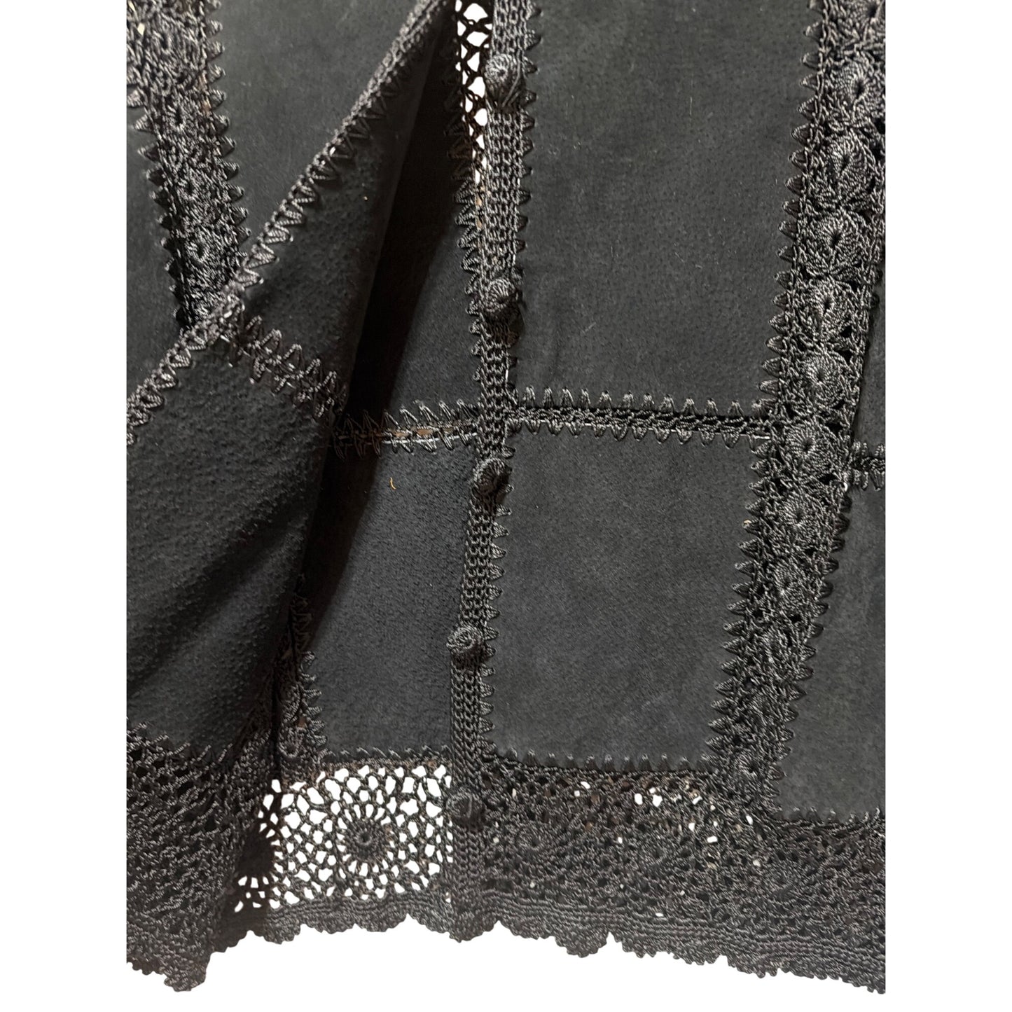 European Artisan Hand-Crocheted Black Vintage Jacket 80s Style Long-Sleeve Button Front Scalloped Hem Unique Retro Fashion