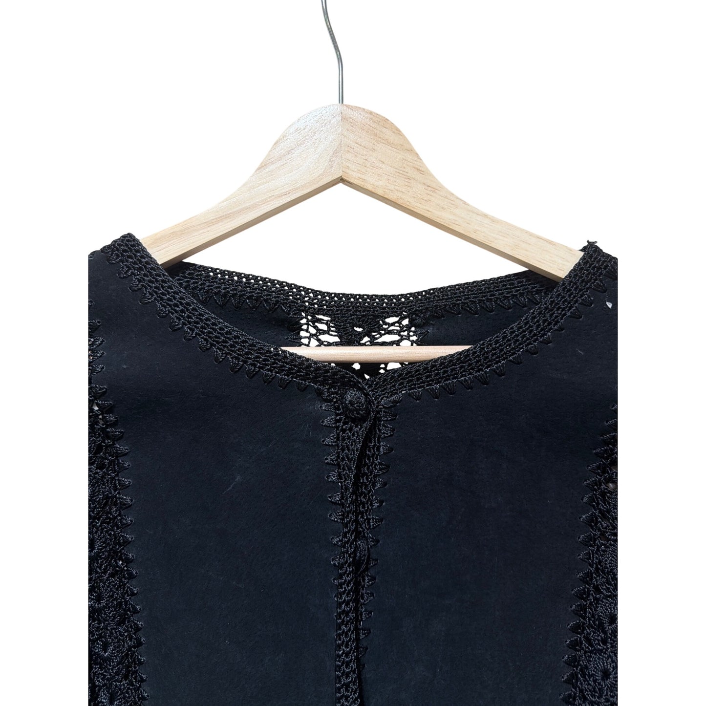 European Artisan Hand-Crocheted Black Vintage Jacket 80s Style Long-Sleeve Button Front Scalloped Hem Unique Retro Fashion