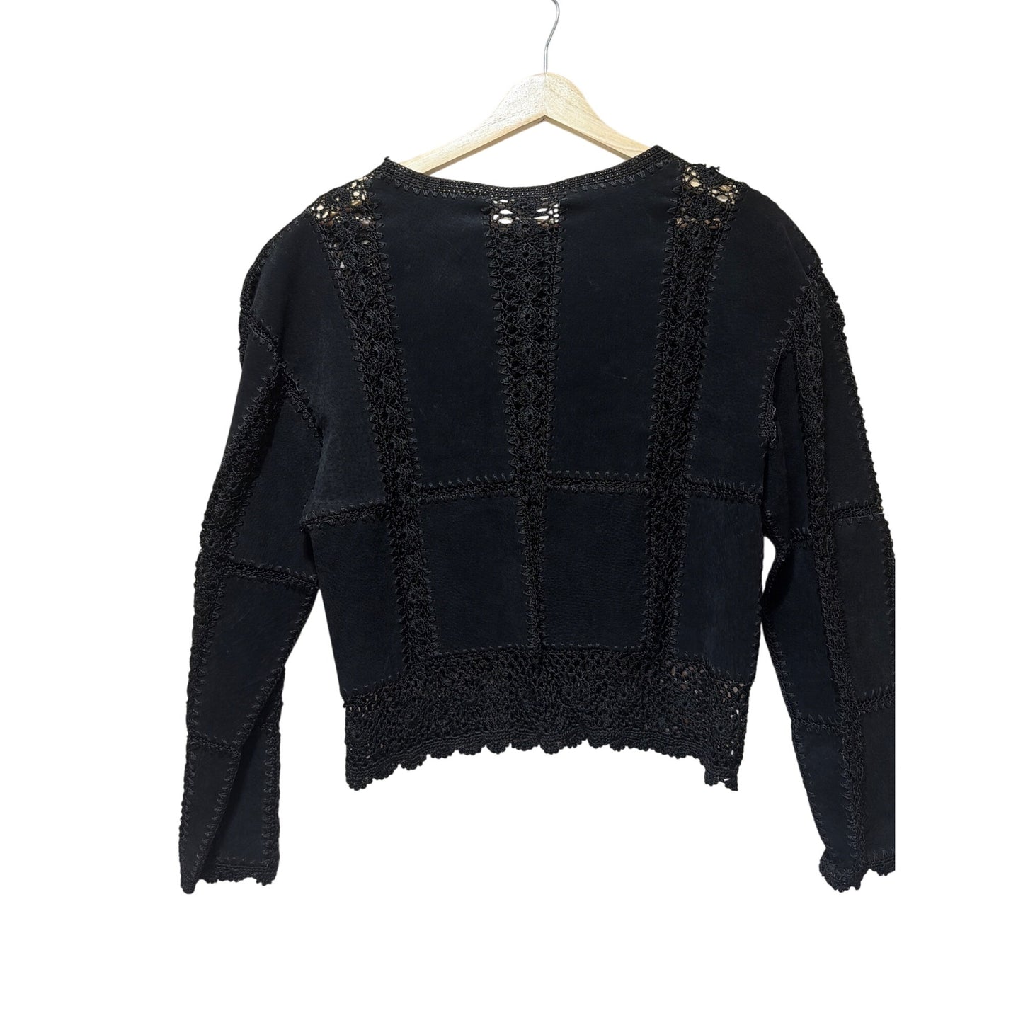 European Artisan Hand-Crocheted Black Vintage Jacket 80s Style Long-Sleeve Button Front Scalloped Hem Unique Retro Fashion