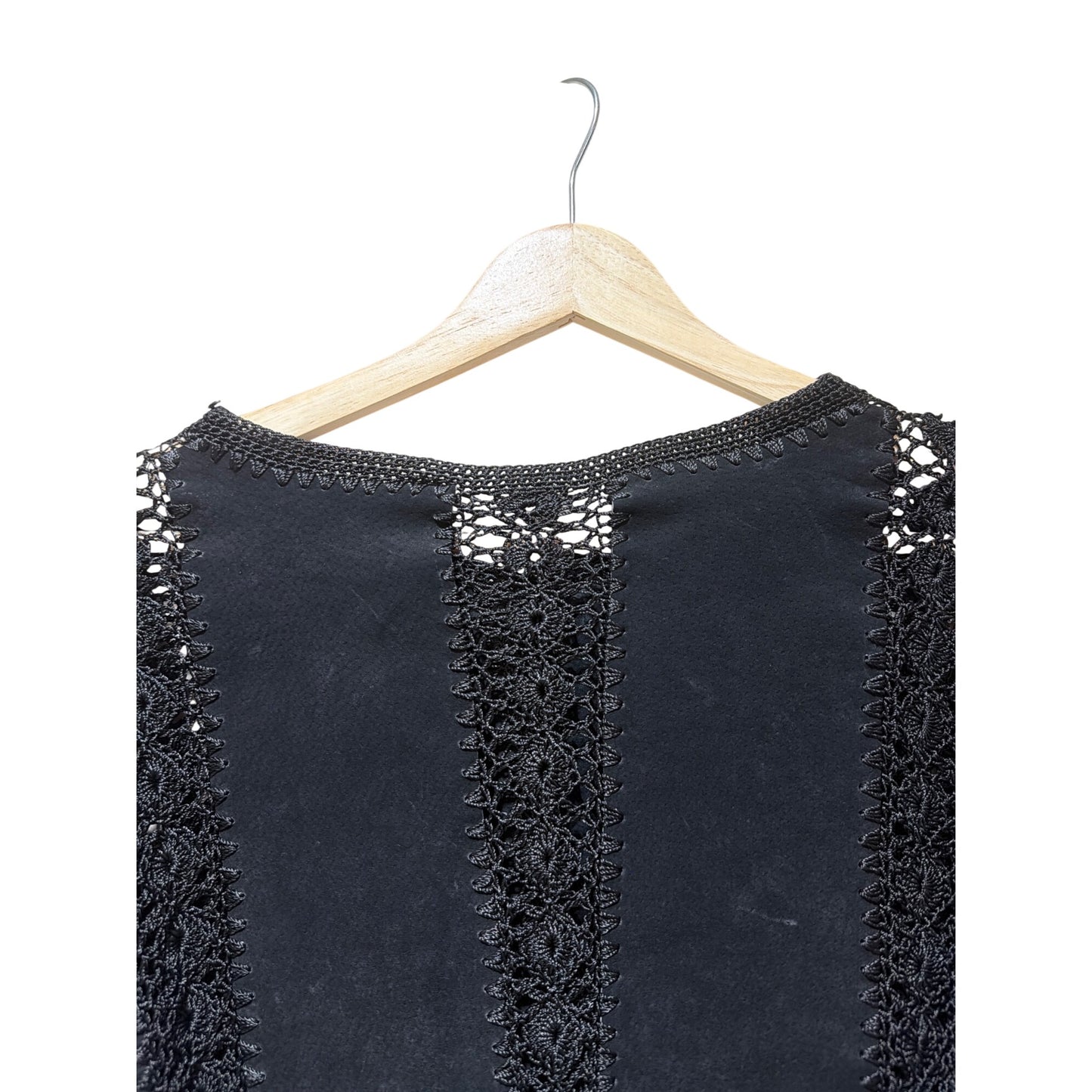 European Artisan Hand-Crocheted Black Vintage Jacket 80s Style Long-Sleeve Button Front Scalloped Hem Unique Retro Fashion