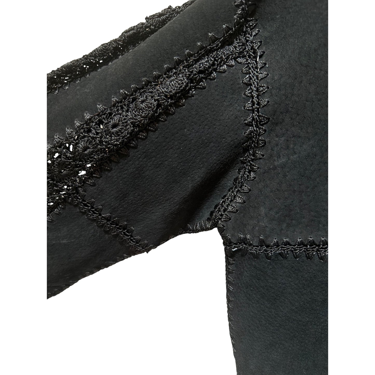European Artisan Hand-Crocheted Black Vintage Jacket 80s Style Long-Sleeve Button Front Scalloped Hem Unique Retro Fashion