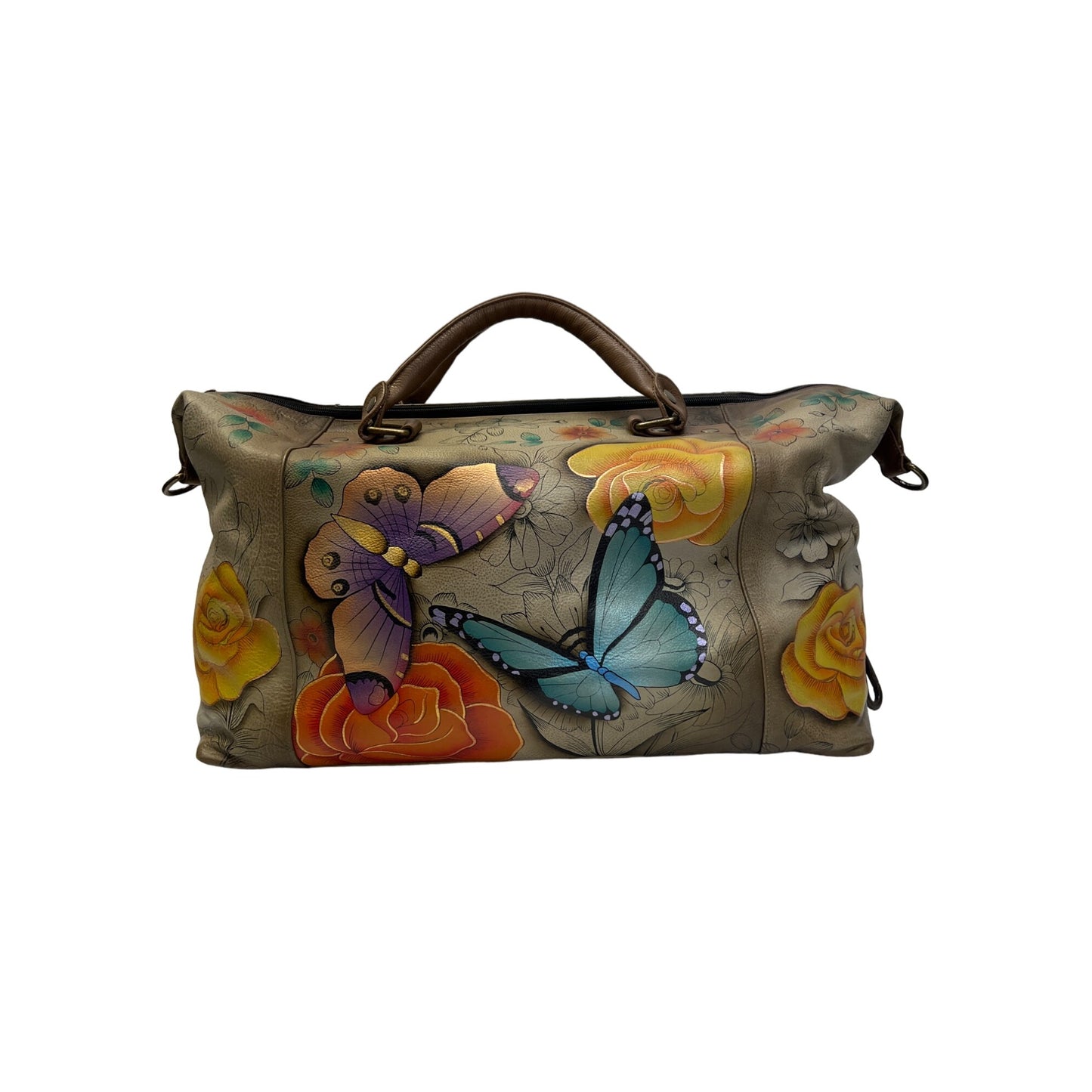 Anuschka Large Leather Hand Painted Butterfly Satchel Duffle Bag