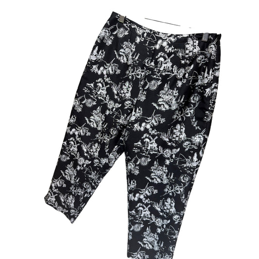 Allison Taylor Vintage 90's Black & White Silk Floral Toile Cropped Side Zip Pants