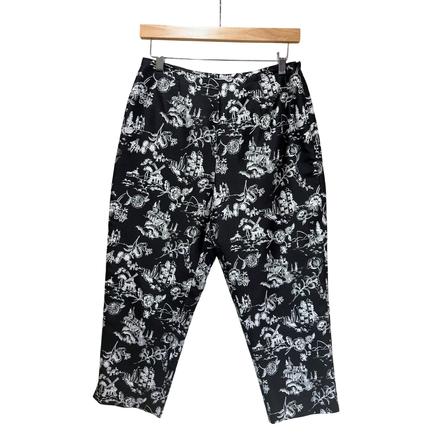 Allison Taylor Vintage 90's Black & White Silk Floral Toile Cropped Side Zip Pants