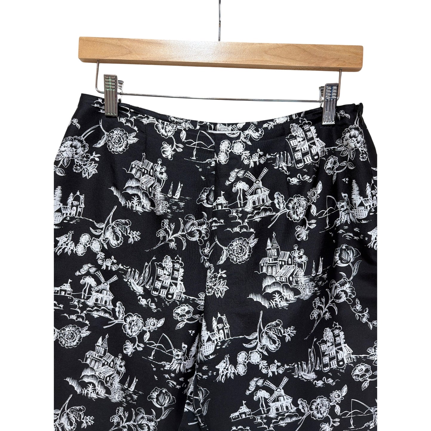 Allison Taylor Vintage 90's Black & White Silk Floral Toile Cropped Side Zip Pants