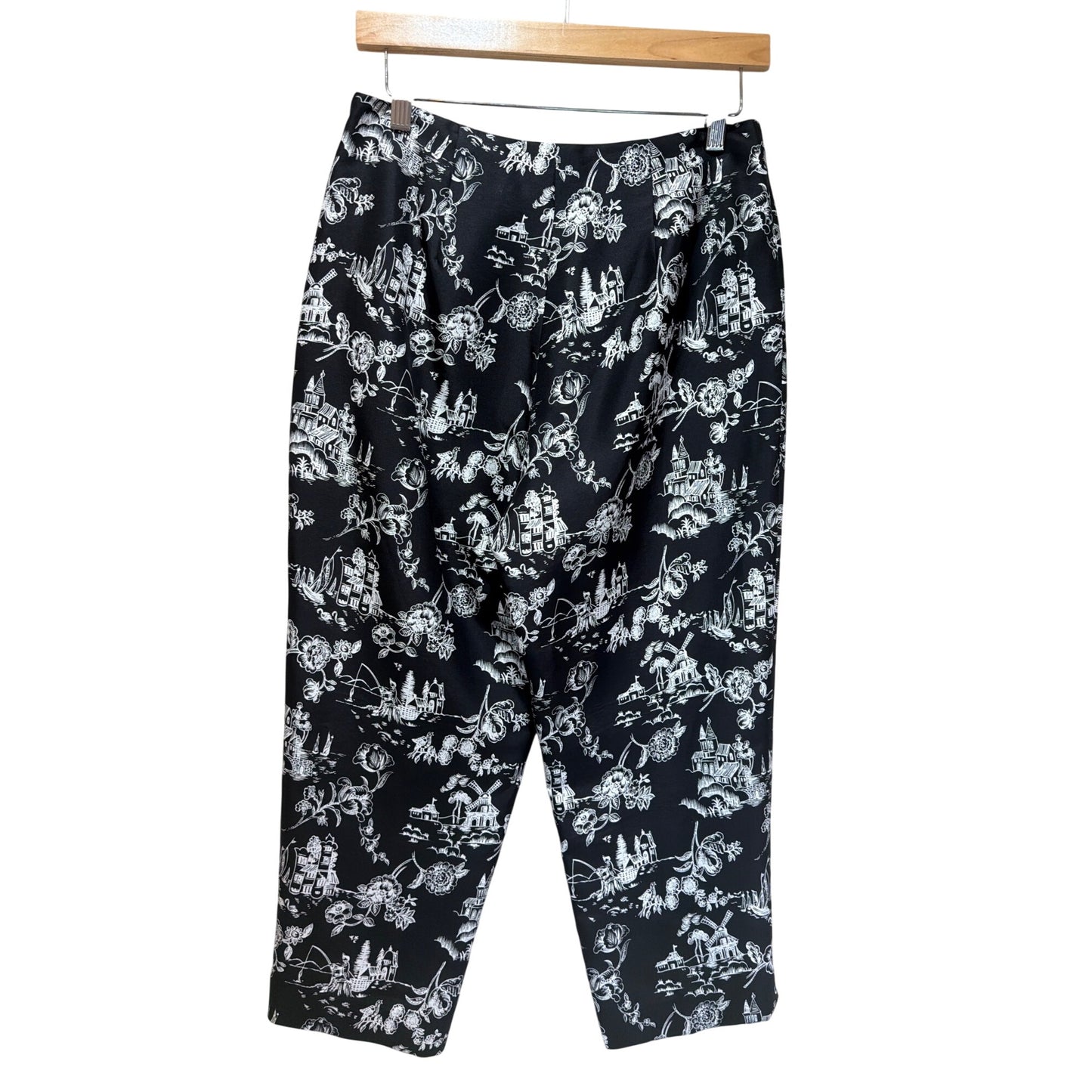 Allison Taylor Vintage 90's Black & White Silk Floral Toile Cropped Side Zip Pants