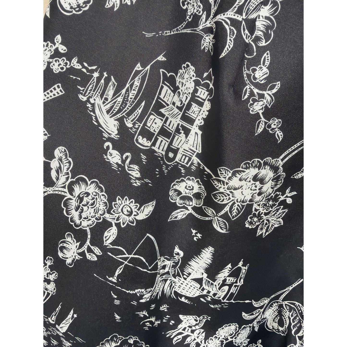 Allison Taylor Vintage 90's Black & White Silk Floral Toile Cropped Side Zip Pants