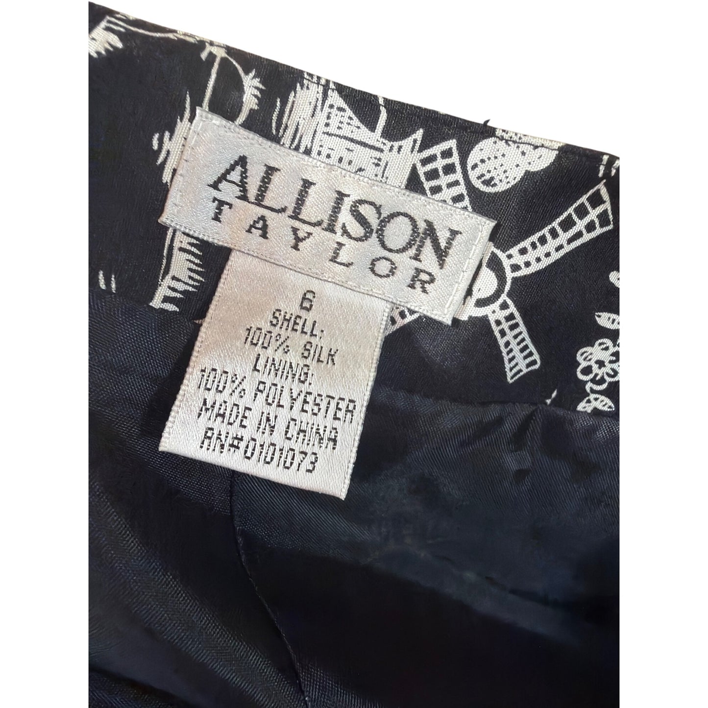 Allison Taylor Vintage 90's Black & White Silk Floral Toile Cropped Side Zip Pants