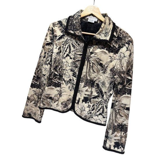 Maggy London Vintage Black & White Tropical Toile Cropped Full Zip Jacket With Black Textured Trim