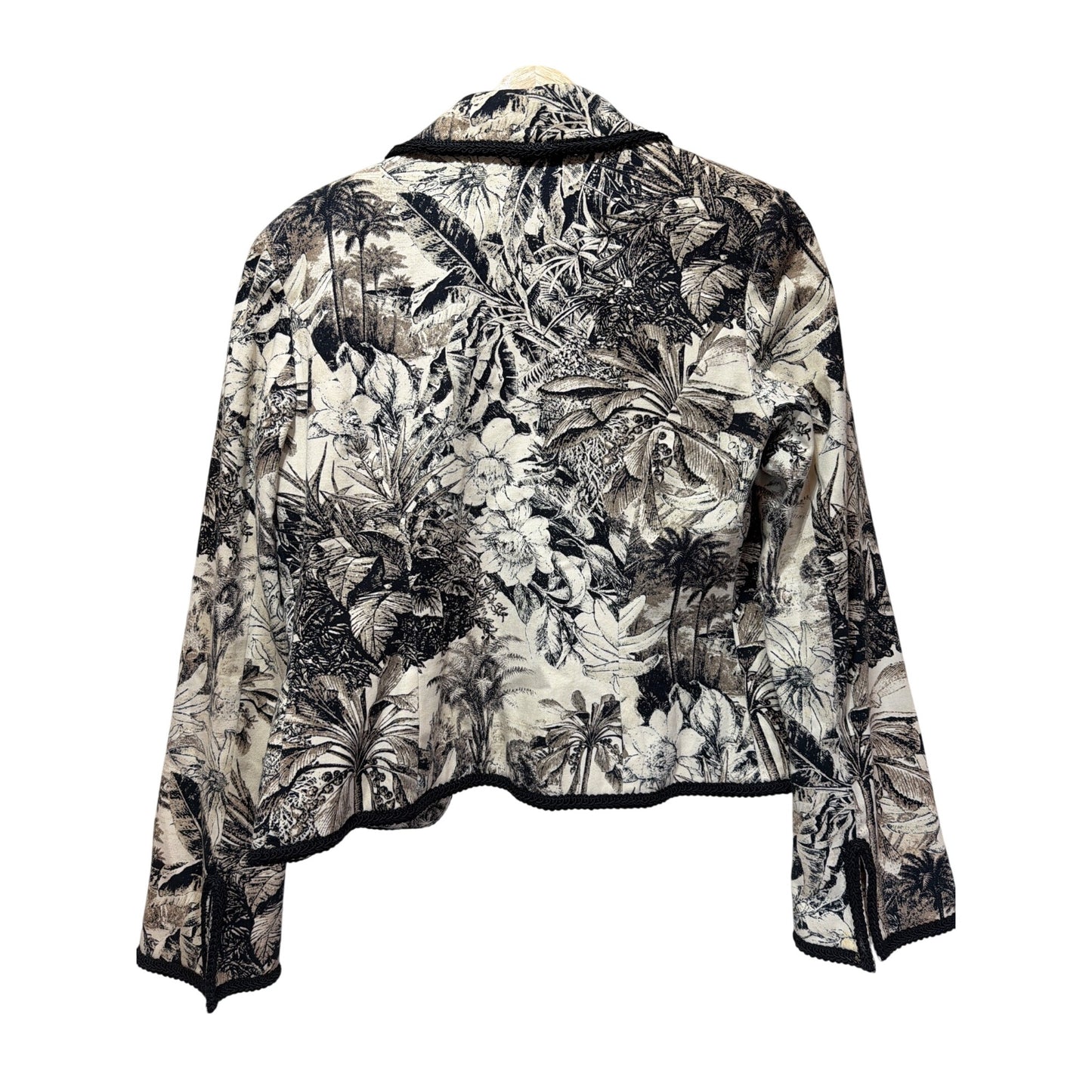 Maggy London Vintage Black & White Tropical Toile Cropped Full Zip Jacket With Black Textured Trim