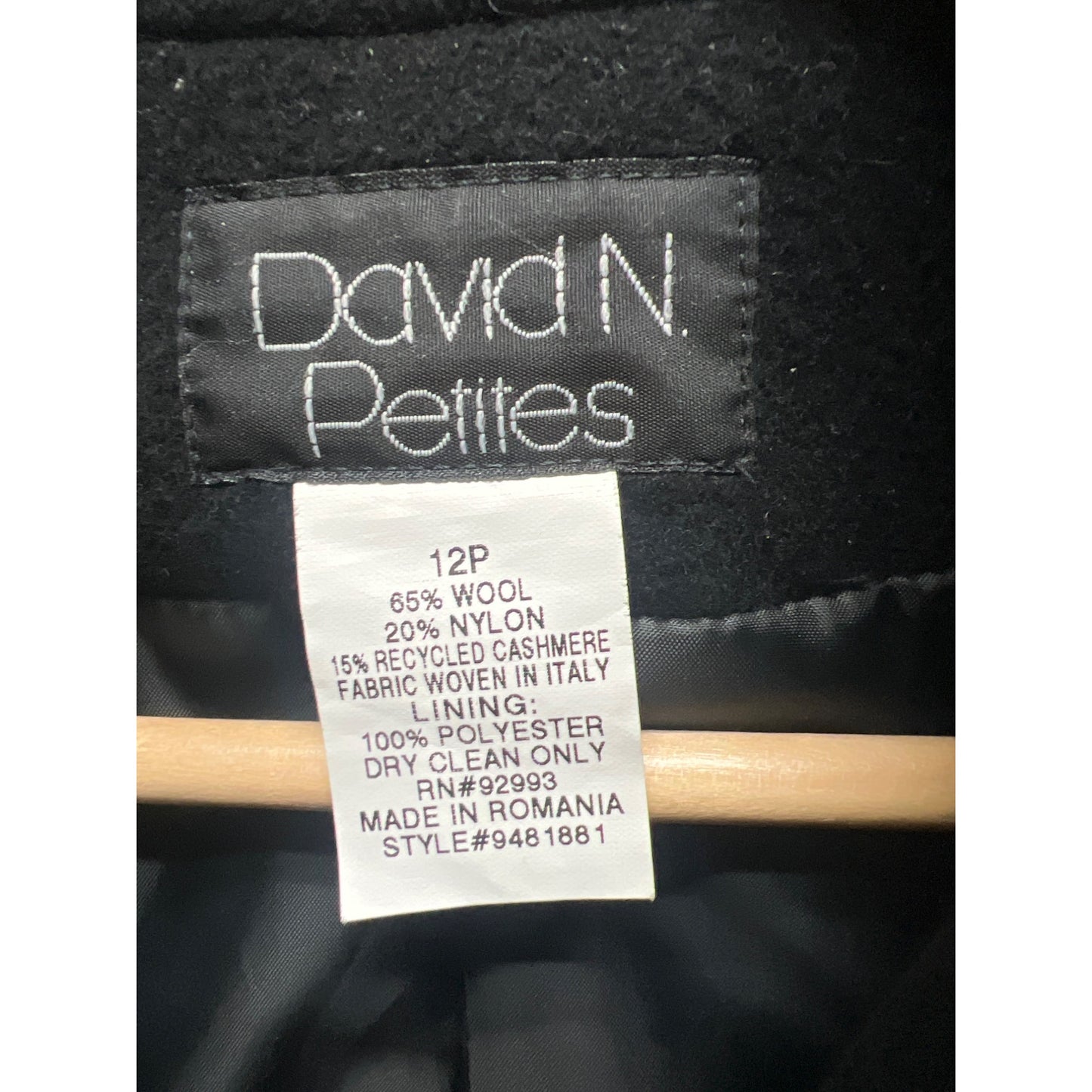 David N Petites Vintage Black Wool Blend Cropped Peacoat
