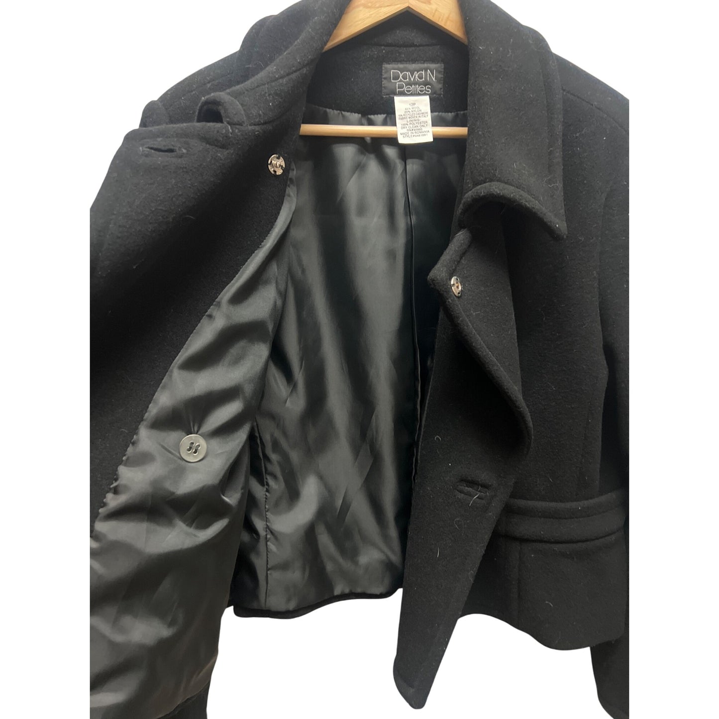 David N Petites Vintage Black Wool Blend Cropped Peacoat