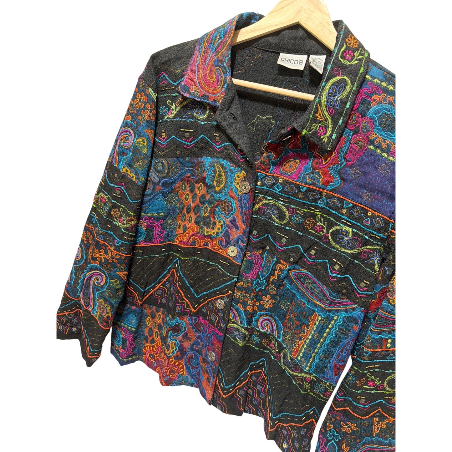 Chicos Multicolor Floral Embroidered Button-Up Jacket Cotton Blend Made In India