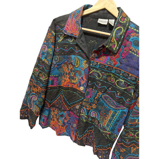 Chicos Multicolor Floral Embroidered Button-Up Jacket Cotton Blend Made In India