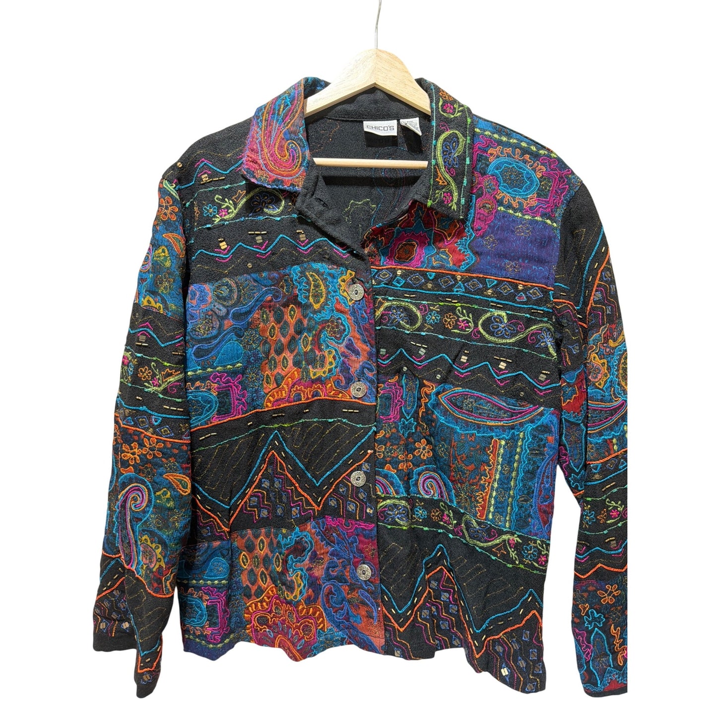 Chicos Multicolor Floral Embroidered Button-Up Jacket Cotton Blend Made In India