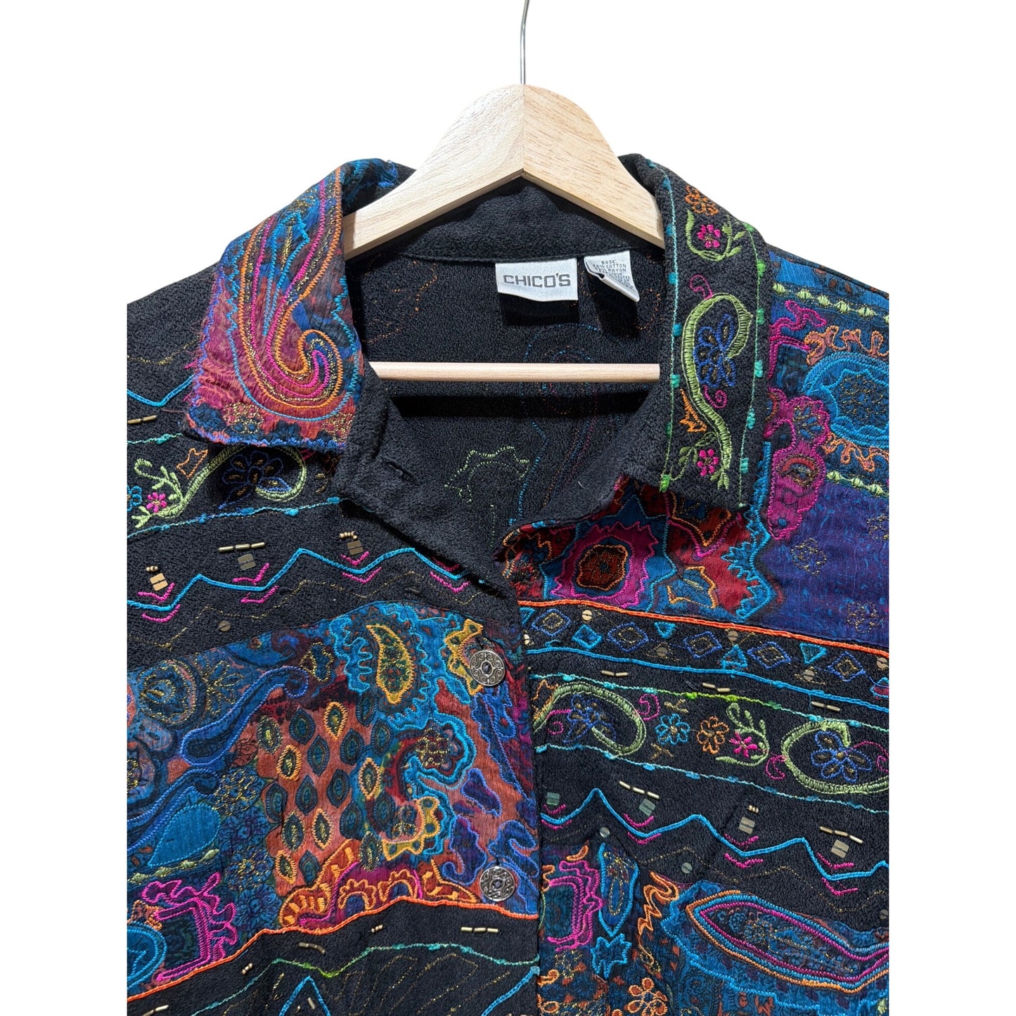 Chicos Multicolor Floral Embroidered Button-Up Jacket Cotton Blend Made In India