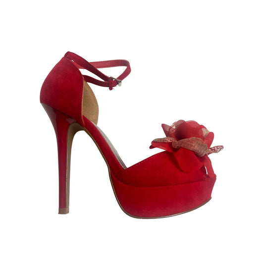 Qupid  Red Velvet Flower Open Toe Stiletto Heels