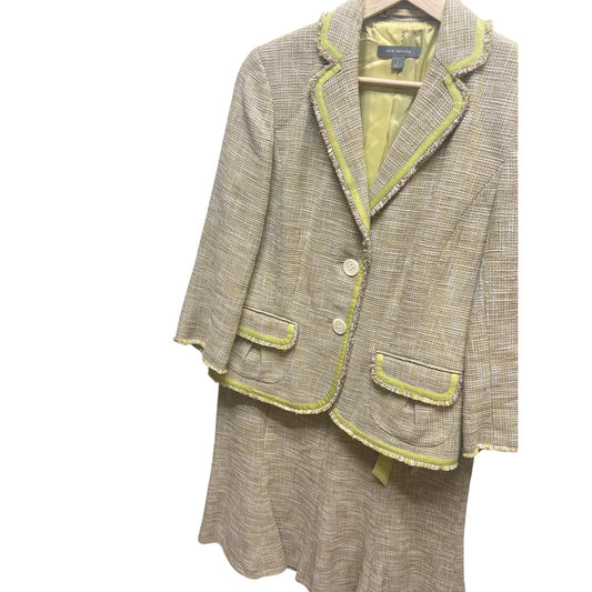 Ann Taylor Khaki & Green Tweed Ribbon Trimmed Raw Edge Skirt Suit