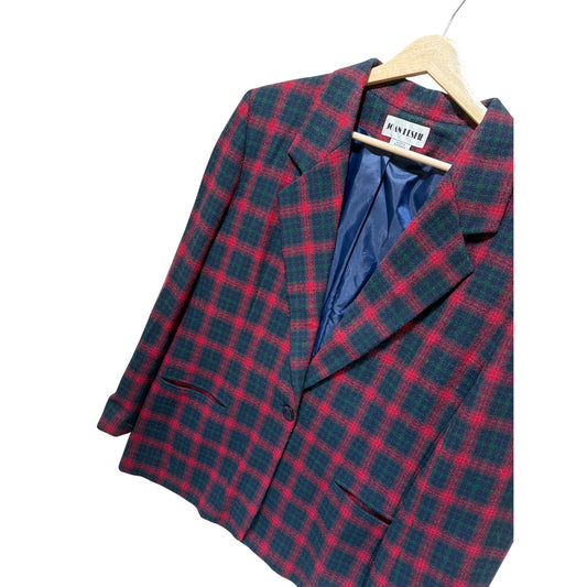 Joan Leslie Vintage 90s Single Breasted Holiday Tartan Plaid Blazer Wool Blend Red Green