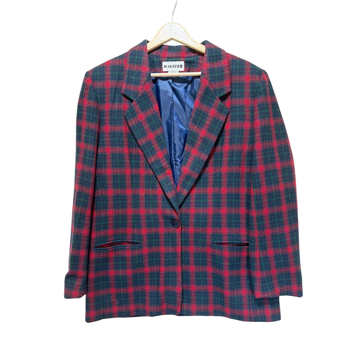 Joan Leslie Vintage 90s Single Breasted Holiday Tartan Plaid Blazer Wool Blend Red Green