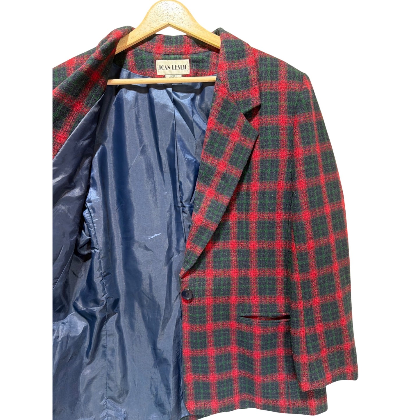 Joan Leslie Vintage 90s Single Breasted Holiday Tartan Plaid Blazer Wool Blend Red Green