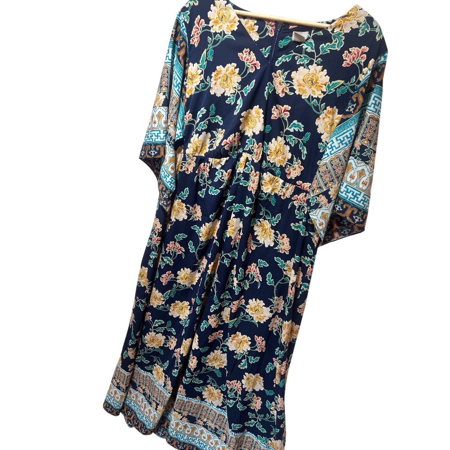Chicos Navy Floral Border Print Maxi Muu Muu Dress Size 3 Kimono Sleeves Relaxed Fit