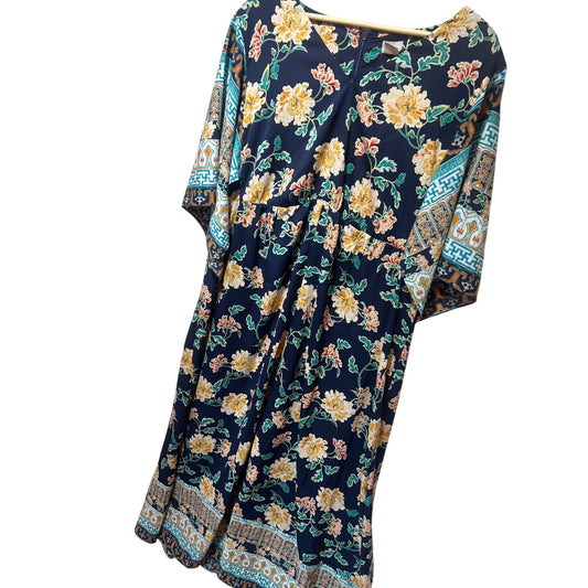 Chicos Navy Floral Border Print Maxi Muu Muu Dress Size 3 Kimono Sleeves Relaxed Fit