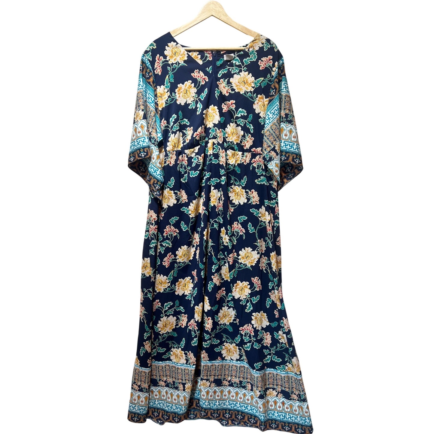 Chicos Navy Floral Border Print Maxi Muu Muu Dress Size 3 Kimono Sleeves Relaxed Fit