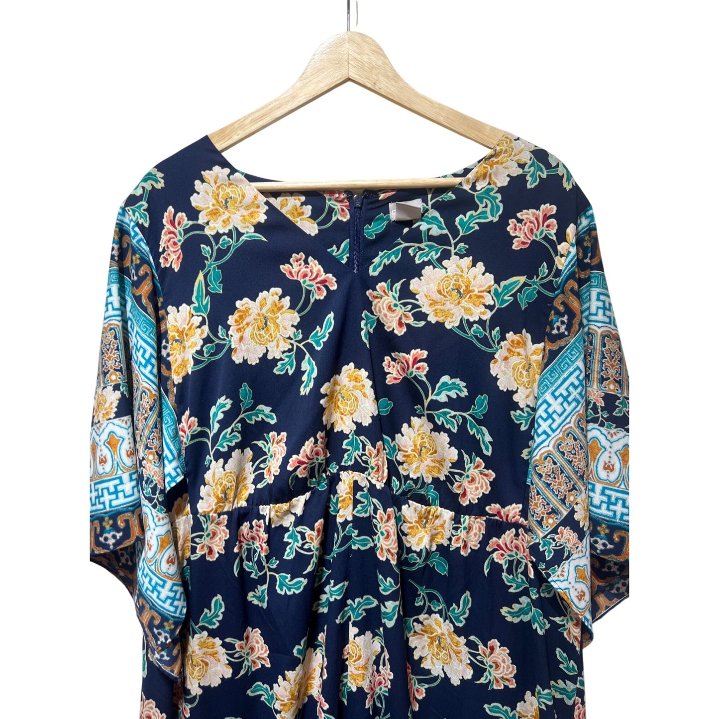 Chicos Navy Floral Border Print Maxi Muu Muu Dress Size 3 Kimono Sleeves Relaxed Fit