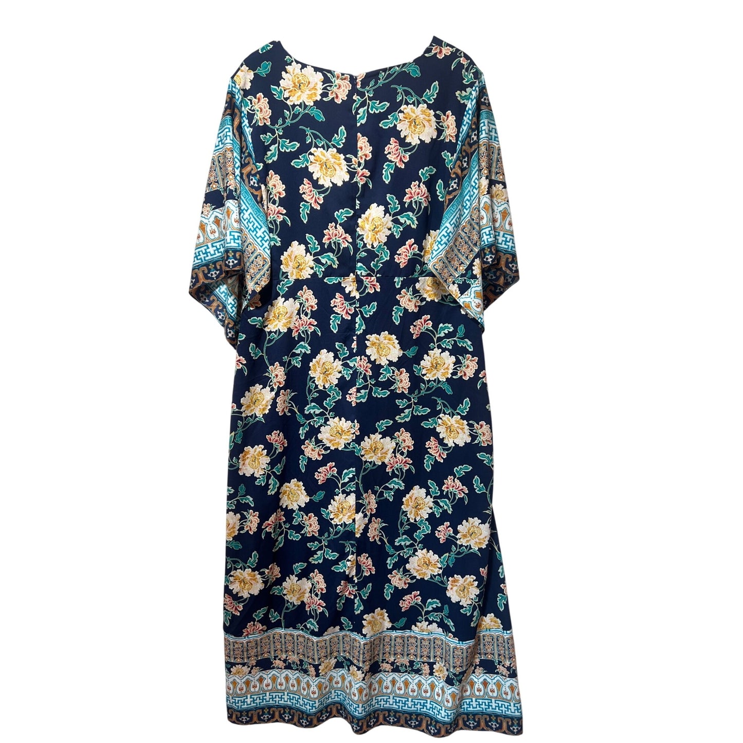 Chicos Navy Floral Border Print Maxi Muu Muu Dress Size 3 Kimono Sleeves Relaxed Fit