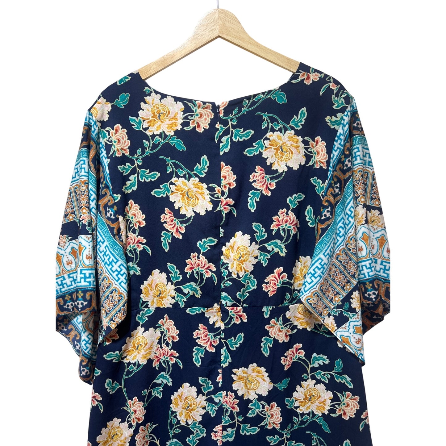 Chicos Navy Floral Border Print Maxi Muu Muu Dress Size 3 Kimono Sleeves Relaxed Fit