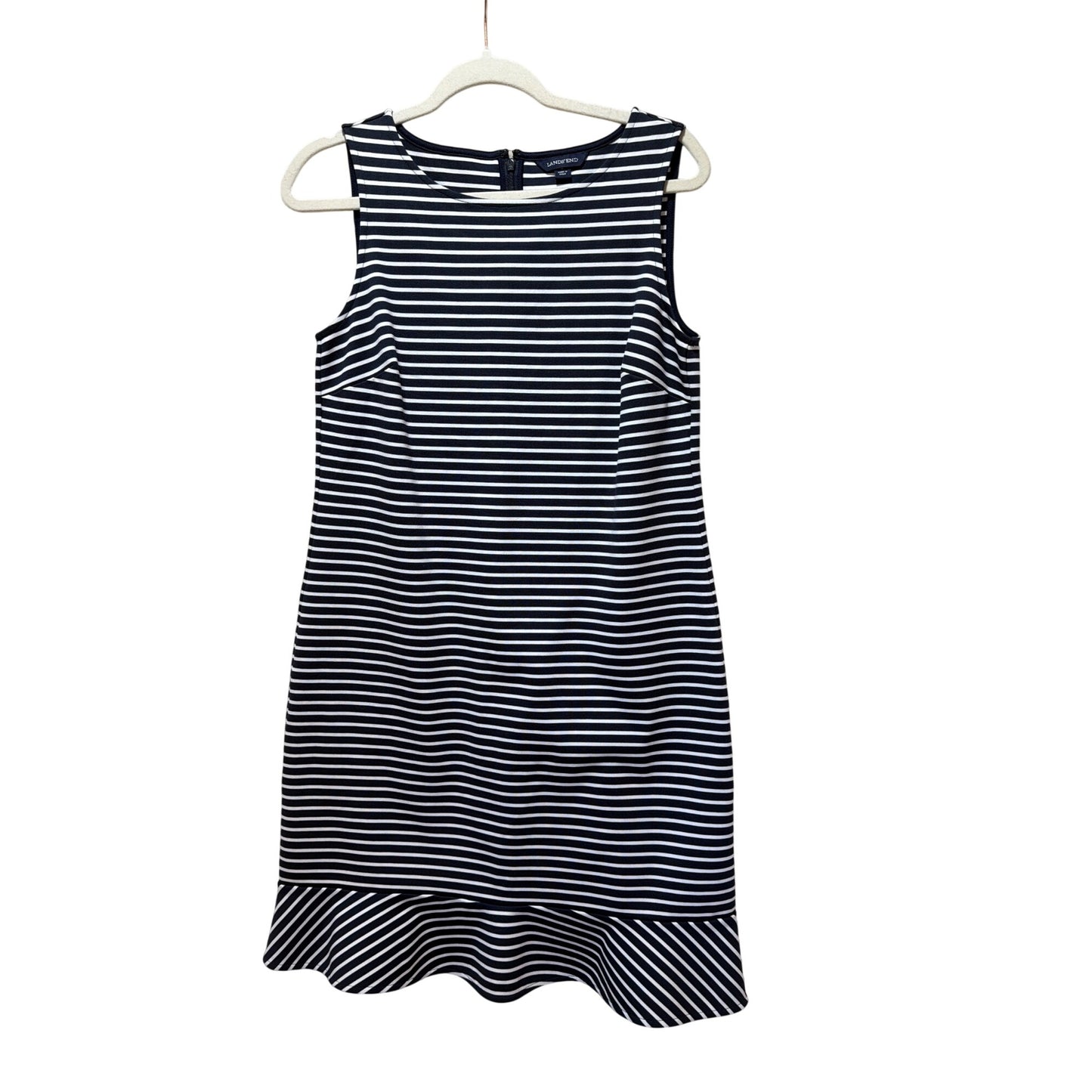 Lands End Womens Sleeveless Navy & White Striped Dress With Ruffle Hem Casual Mid-Length