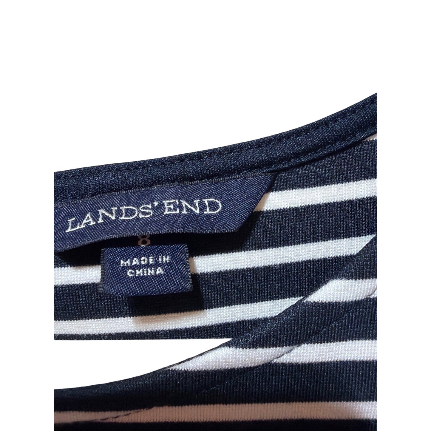 Lands End Womens Sleeveless Navy & White Striped Dress With Ruffle Hem Casual Mid-Length