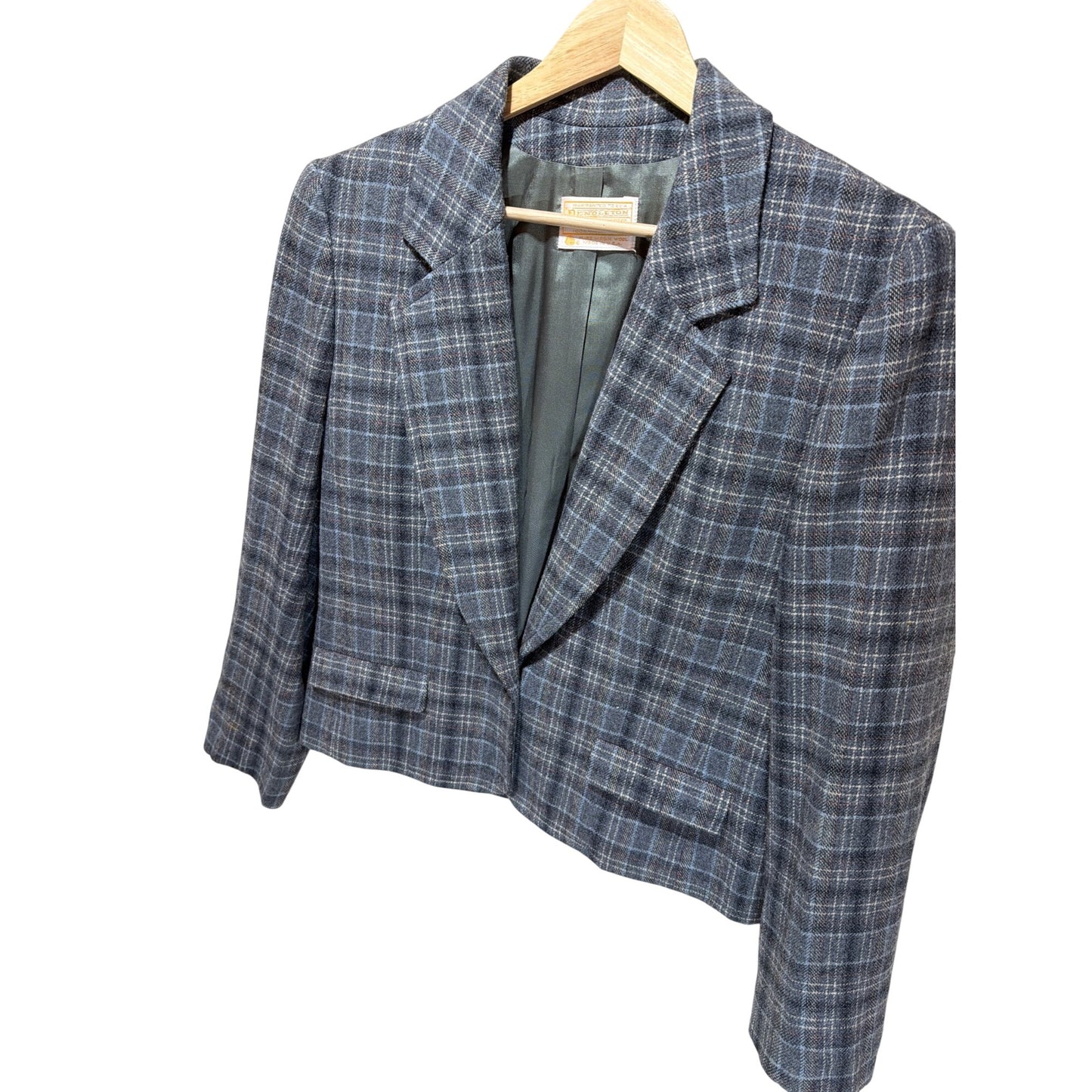 Pendleton Vintage 80s Gray Blue Tartan Plaid Cropped Tailored Blazer
